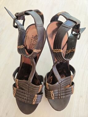 GUESS Dark Brown Strappy Woven Leather Heels